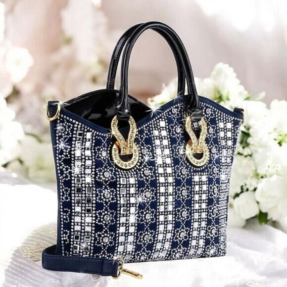Glamorous Blue Rhinestone Studded Bling Handbag Purse - Picture 1 of 7